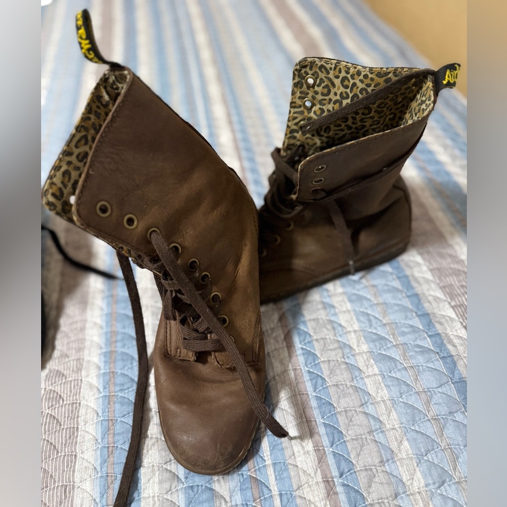 Dr. Martens Brown Lace-Up Boots with Leopard-Print Lining